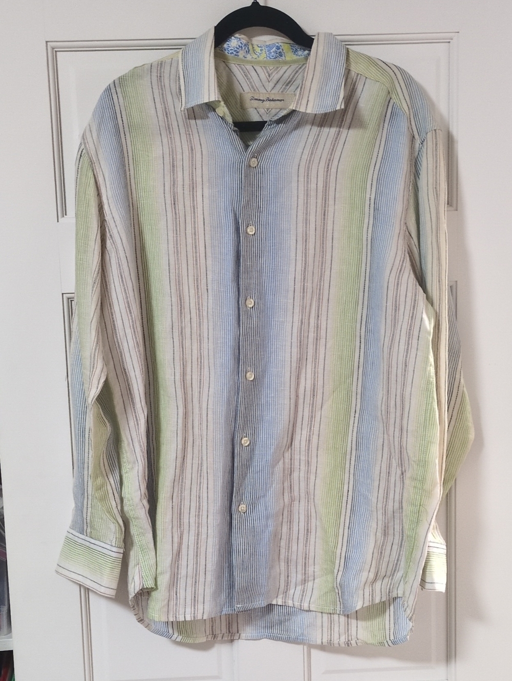 Tommy Bahama Blue, Green & Cream Striped Linen Button-Down Shirt